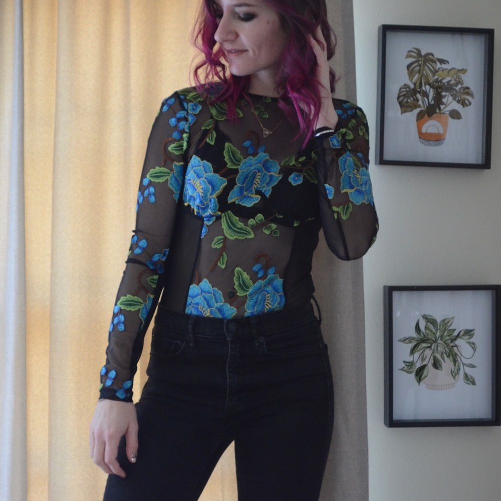 Nasty Gal Blue Embroidered Bodysuit - Picture 2 of 10